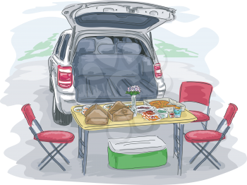 Illustration of a Lunch Table Set Up at the Back of an SUV