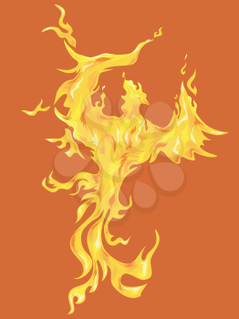 Illustration of a Golden Phoenix Against an Orange Background