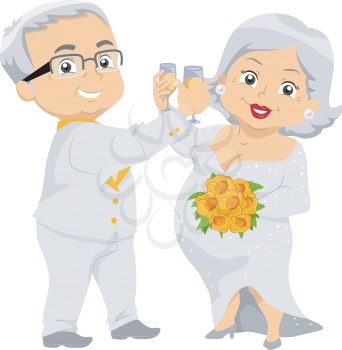 Illustration of a Happily Married Senior Citizen Couple Enjoying their Wedding Champagne
