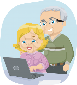 Illustration of a Senior Citizen Couple Enjoying Their New Laptop
