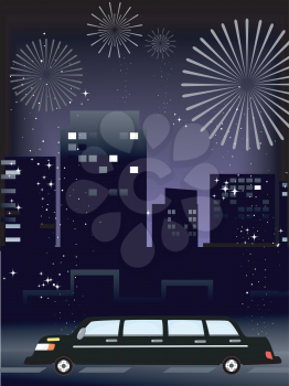 Illustration of a Limousine Driving Around a City Illuminated by Fireworks