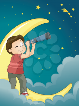Astronomy Illustration of a Kid Boy Star Gazing with a Telescope
