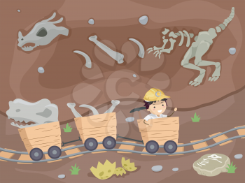 Stickman Illustration of a Kid Boy Mining Fossils Underground