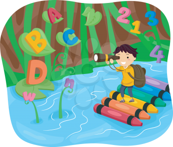 Stickman Illustration of a Kid Boy Spotting Letters and Numbers While on a River Adventure