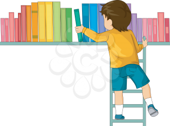 Illustration of a Boy Inside a Library Finding Book with a Ladder