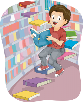 Illustration of a Boy Inside a Library Sitting on Book Steps