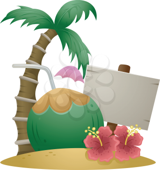 Illustration of Hawaiian Island with Coconut Drink and Sign Board