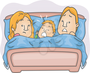 Illustration of a Couple Together with their Kid in Bed
