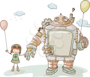 Illustration of a Cute Kid Girl Enjoying the company of her Steampunk Robot Friend