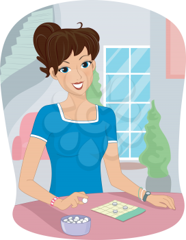 Illustration of a Girl Playing a Bingo Game at Home