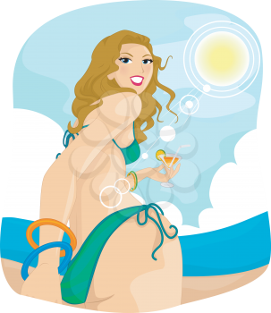Illustration of a Girl in Bikini Drinking at the Beach