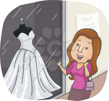 Illustration of an Excited Bride Window Shopping for Dresses