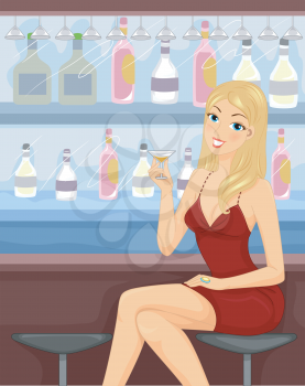 Illustration of a Sexy Girl Having a Drink in a Bar