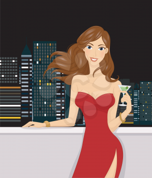 Illustration of a Girl Having a Drink on the Rooftop of a Building