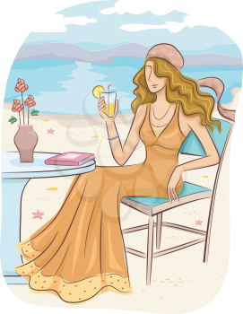Illustration of a Girl in a Bohemian Dress Lounging by the Beach