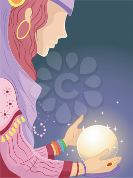 Illustration of  a Girl in a Gypsy Costume Looking at a Crystal Ball