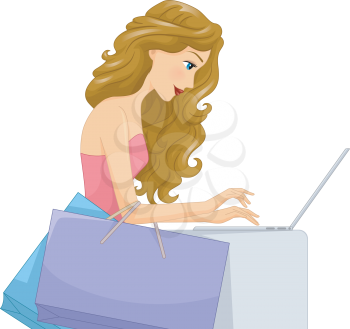 Illustration of a Girl Surfing the Internet for Shopping Deals
