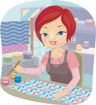 Illustration of a Girl Painting a Stretch of Fabric