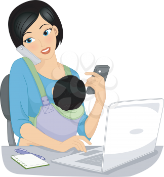 Illustration of a Work at Home Mom Taking Calls While Looking After Her Baby