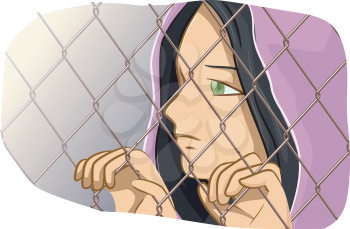 Illustration of a Female Refugee Clutching a Chain Link Fence