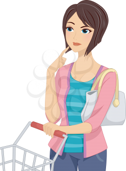Illustration of a Girl Thinking While Pushing Her Shopping Cart