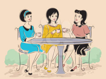 Illustration of a Group of Girls in Retro Clothing Having Tea at an Outdoor Cafe