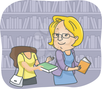 Illustration of a Girl at Bookstore Recommending a Book to Another Customer