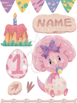Illustration of a Triceratops Surrounded by First Birthday Party Elements