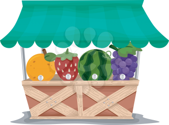 Illustration of a Market Stall with Fruit Shaped Juice Dispensers