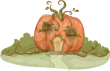 Illustration of a Pumpkin House with Vines Flowing From It