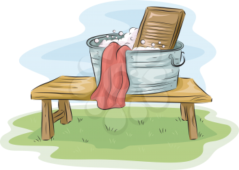 Illustration Featuring a Basin and a Washboard Placed Outdoors