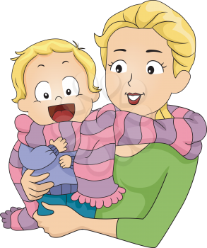 Illustration of a Mother Sharing a Scarf with Her Son
