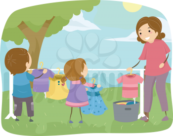 Stickman Illustration of Kids Helping Their Mom to do the Laundry