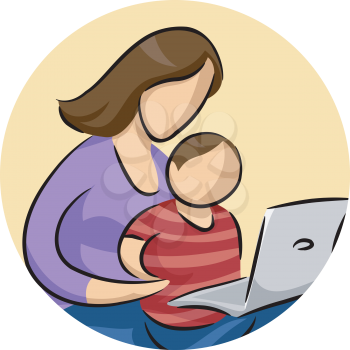 Illustration of a Son Watching His Mom Using a Laptop