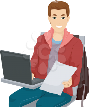 Illustration of a Male Student Using His Laptop in Class