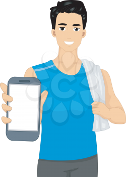 Illustration of a Man in Workout Clothes Showing a Mobile App
