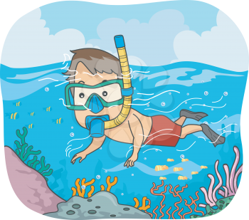 Illustration of a Man Wearing a Snorkel and Goggles Checking Corals