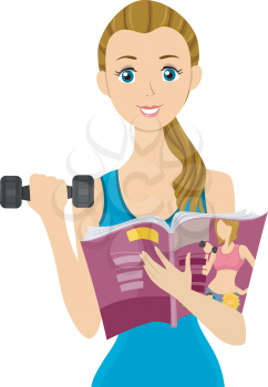 Illustration of a Teenage Girl Lifting a Dumbbell  While Reading a Magazine