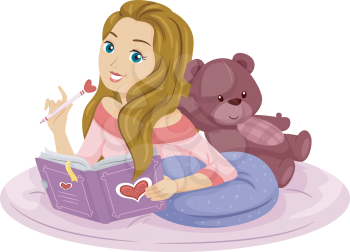 Illustration of a Teenage Girl Writing on Her Diary