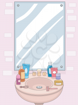 Illustration of a Mirror with Grooming for Products for Women Displayed on the Shelf