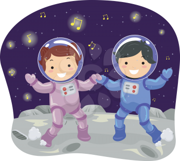 Stickman Illustration of Kids in Space Suits Dancing on the Moon