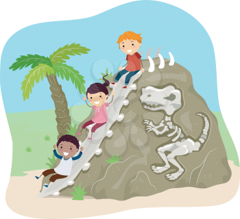 Stickman Illustration of Kids Sliding Down a Rock with Fossils Embedded on It