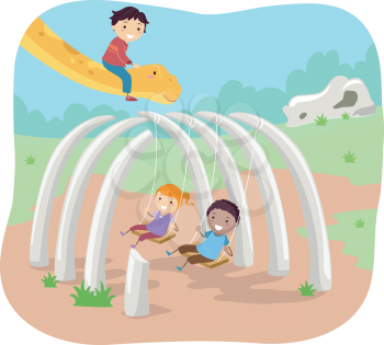 Stickman Illustration of Kids Playing on a Swing Made from Dinosaur Bones
