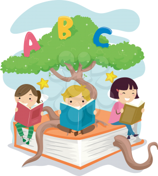 Stickman Illustration of Kids Reading Books While Sitting on a Tree Branch
