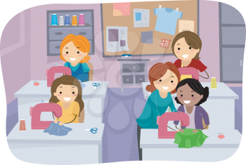 Stickman Illustration of Girls in a Sewing Class