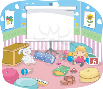 Illustration of a Nursery Room with a Projection Screen at the Center