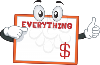Mascot Illustration Featuring a Board Selling Products for a Dollar