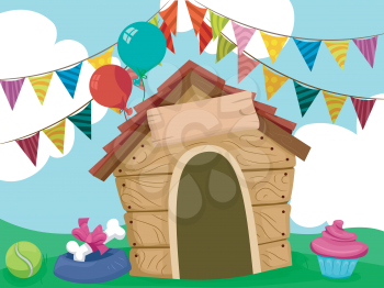 Illustration of a Dog House Decorated with Party Supplies