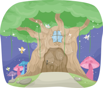 Whimsical Illustration Featuring a Fairy Tree