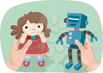 Illustration of a Man Showing a Robot in One Hand and a Doll in the Other